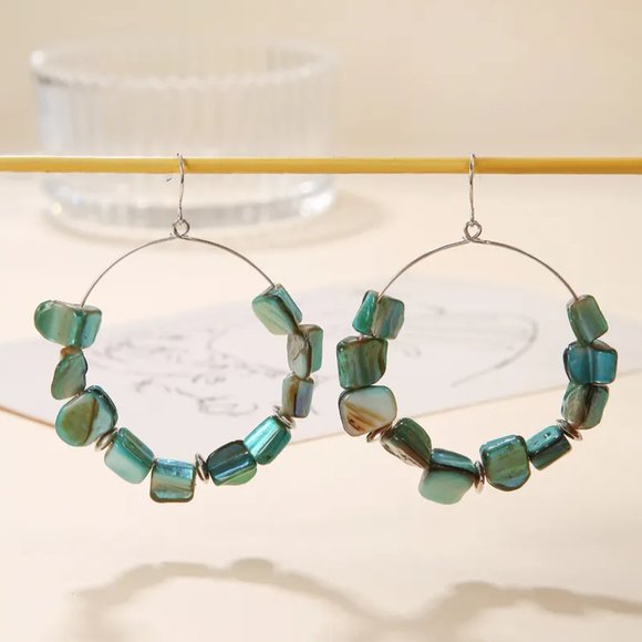 Bohemian Green Abalone Shell Beaded Dangle Hoop Earrings NEW - Picture 3 of 6